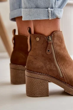 Ocieplane Botki Damskie Na Słupku Z Eko Zamszu Brązowe Velarilla