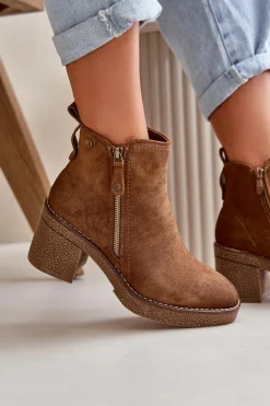 Ocieplane Botki Damskie Na Słupku Z Eko Zamszu Brązowe Velarilla