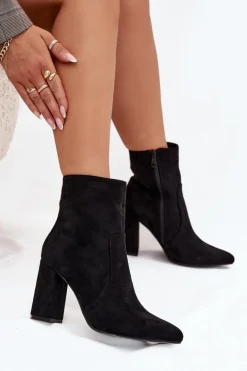 Ocieplane Botki Damskie Na Słupku Z Eko Zamszu Czarne Pralina