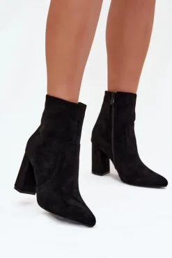 Ocieplane Botki Damskie Na Słupku Z Eko Zamszu Czarne Pralina