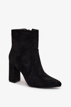 Ocieplane Botki Damskie Na Słupku Z Eko Zamszu Czarne Pralina