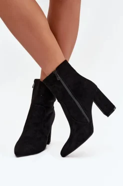 Ocieplane Botki Damskie Na Słupku Z Eko Zamszu Czarne Pralina