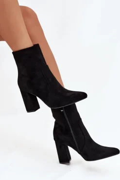 Ocieplane Botki Damskie Na Słupku Z Eko Zamszu Czarne Pralina