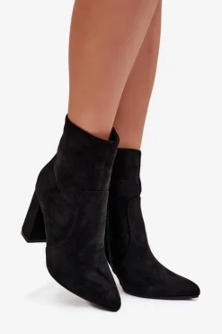 Ocieplane Botki Damskie Na Słupku Z Eko Zamszu Czarne Pralina