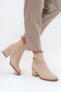 Ocieplane Botki Damskie Na Słupku Ze Złotymi Elementami Jasnobeżowe Ambrine