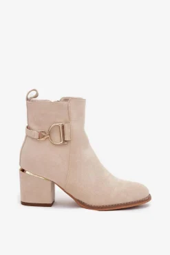 Ocieplane Botki Damskie Na Słupku Ze Złotymi Elementami Jasnobeżowe Ambrine