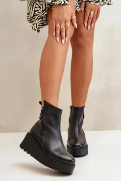 Ocieplane Botki Damskie Na Koturnie I Platformie Skóra Naturalna Czarne Vinceza 58340