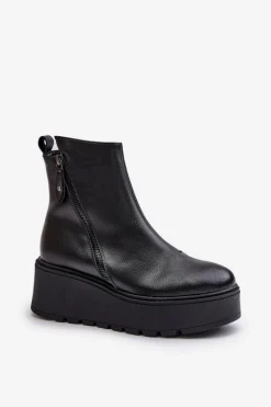 Ocieplane Botki Damskie Na Koturnie I Platformie Skóra Naturalna Czarne Vinceza 58340