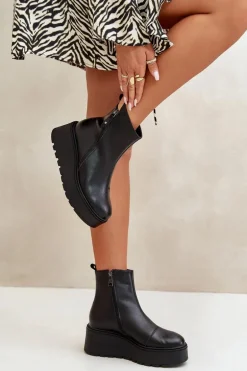 Ocieplane Botki Damskie Na Koturnie I Platformie Skóra Naturalna Czarne Vinceza 58340