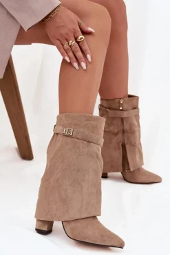 Ocieplane Botki Damskie Na Słupku Z Ozdobnym Paskiem Khaki Luvielle