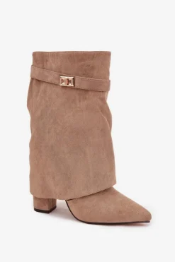 Ocieplane Botki Damskie Na Słupku Z Ozdobnym Paskiem Khaki Luvielle