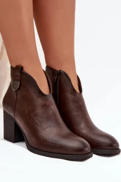 Ocieplane Botki Damskie Na Słupku Z Eko Skóry Czekoladowe Talienne