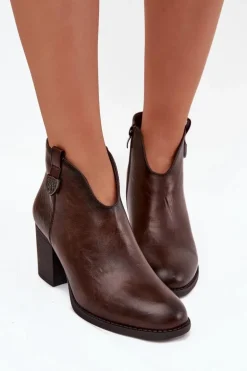 Ocieplane Botki Damskie Na Słupku Z Eko Skóry Czekoladowe Talienne