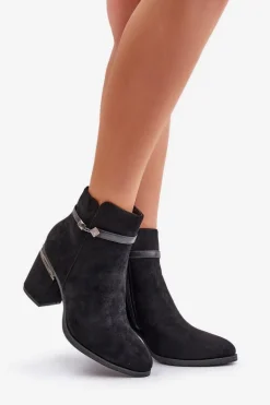 Ocieplane Botki Damskie Na Słupku Z Ozdobnym Paskiem Vinceza 16446 Czarne