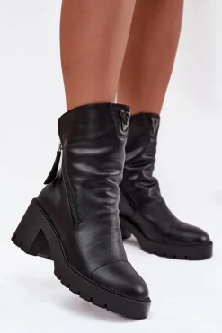 Ocieplane Botki Damskie Na Masywnym Obcasie Z Podwójnym Zamkiem Vinceza 58605 Czarne