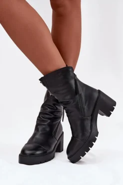 Ocieplane Botki Damskie Na Masywnym Obcasie Z Podwójnym Zamkiem Vinceza 58605 Czarne