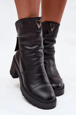 Ocieplane Botki Damskie Na Masywnym Obcasie Z Podwójnym Zamkiem Vinceza 58605 Czarne