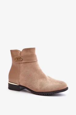 Ocieplane Botki Damskie Na Płaskim Obcasie Ze Złotym Detalem Beżowe Ravasira