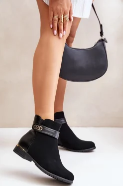 Ocieplane Botki Damskie Na Płaskim Obcasie Ze Złotym Detalem Czarne Ravasira
