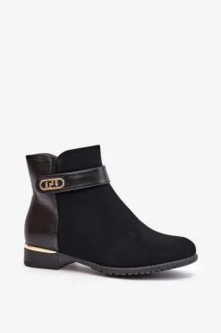 Ocieplane Botki Damskie Na Płaskim Obcasie Ze Złotym Detalem Czarne Ravasira