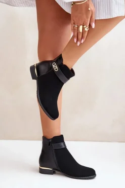 Ocieplane Botki Damskie Na Płaskim Obcasie Ze Złotym Detalem Czarne Ravasira