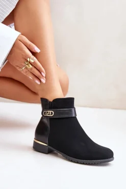 Ocieplane Botki Damskie Na Płaskim Obcasie Ze Złotym Detalem Czarne Ravasira