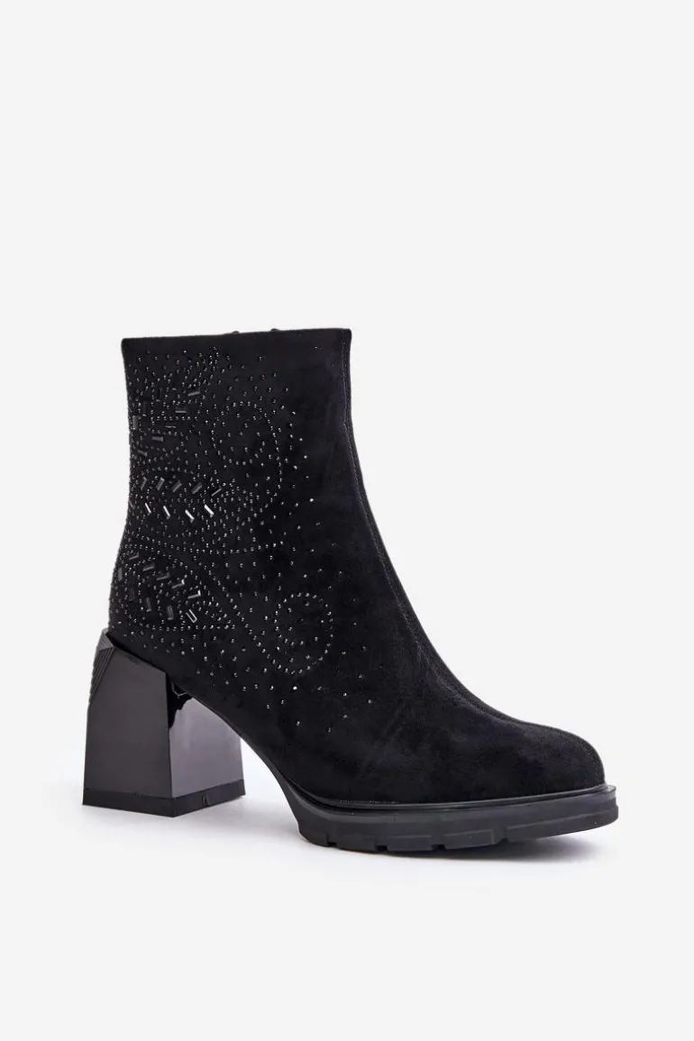 Ocieplane Botki Damskie Na Słupku Ze Zdobieniem D&A MR880-130 Czarne