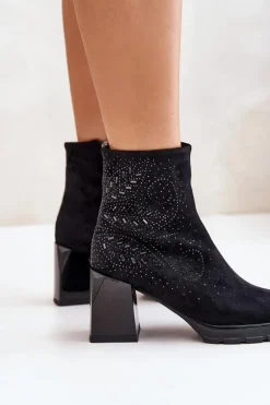 Ocieplane Botki Damskie Na Słupku Ze Zdobieniem D&A MR880-130 Czarne