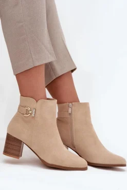 Ocieplane Botki Damskie Na Słupku Ze Złotym Detalem Beżowe Renora