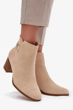 Ocieplane Botki Damskie Na Słupku Ze Złotym Detalem Beżowe Renora