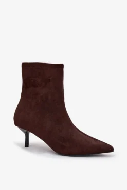 Ocieplane Botki Damskie Na Szpilce Eko Zamszowe Czekoladowe Belisse