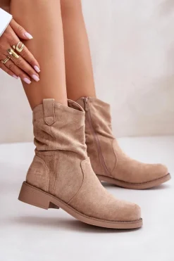Ocieplane Botki Damskie Z Marszczeniem I Zdobieniem Beżowe Etteara