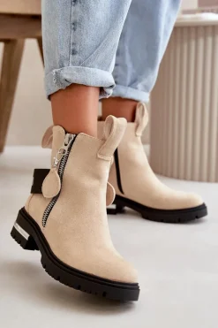 Ocieplane Botki Damskie Z Suwakiem Beżowe Calvaro