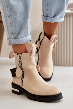 Ocieplane Botki Damskie Z Suwakiem Beżowe Calvaro