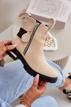 Ocieplane Botki Damskie Z Suwakiem Beżowe Calvaro