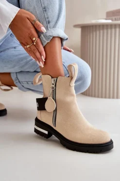 Ocieplane Botki Damskie Z Suwakiem Beżowe Calvaro