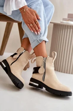 Ocieplane Botki Damskie Z Suwakiem Beżowe Calvaro