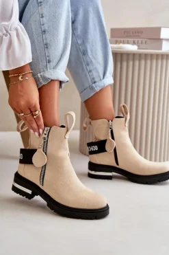 Ocieplane Botki Damskie Z Suwakiem Beżowe Calvaro