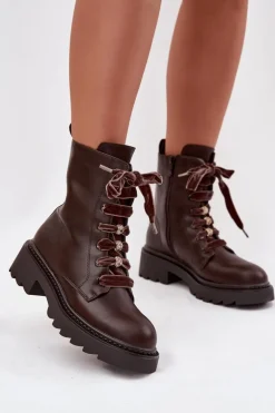 Ocieplane Botki Damskie Z Ozdobnym Sznurowaniem Czekoladowe Elindra