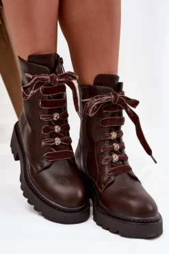 Ocieplane Botki Damskie Z Ozdobnym Sznurowaniem Czekoladowe Elindra
