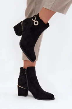 Ocieplane Botki Damskie Ze Złotymi Detalami Na Słupku Czarne Dorisse