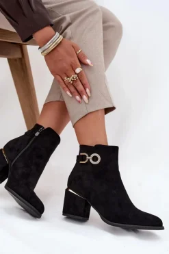 Ocieplane Botki Damskie Ze Złotymi Detalami Na Słupku Czarne Dorisse