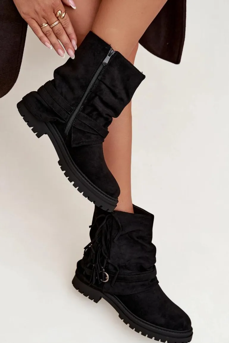 Ocieplane Botki Damskie Z Frędzlami I Klarami Na Płaskim Obcasie Czarne Helianne