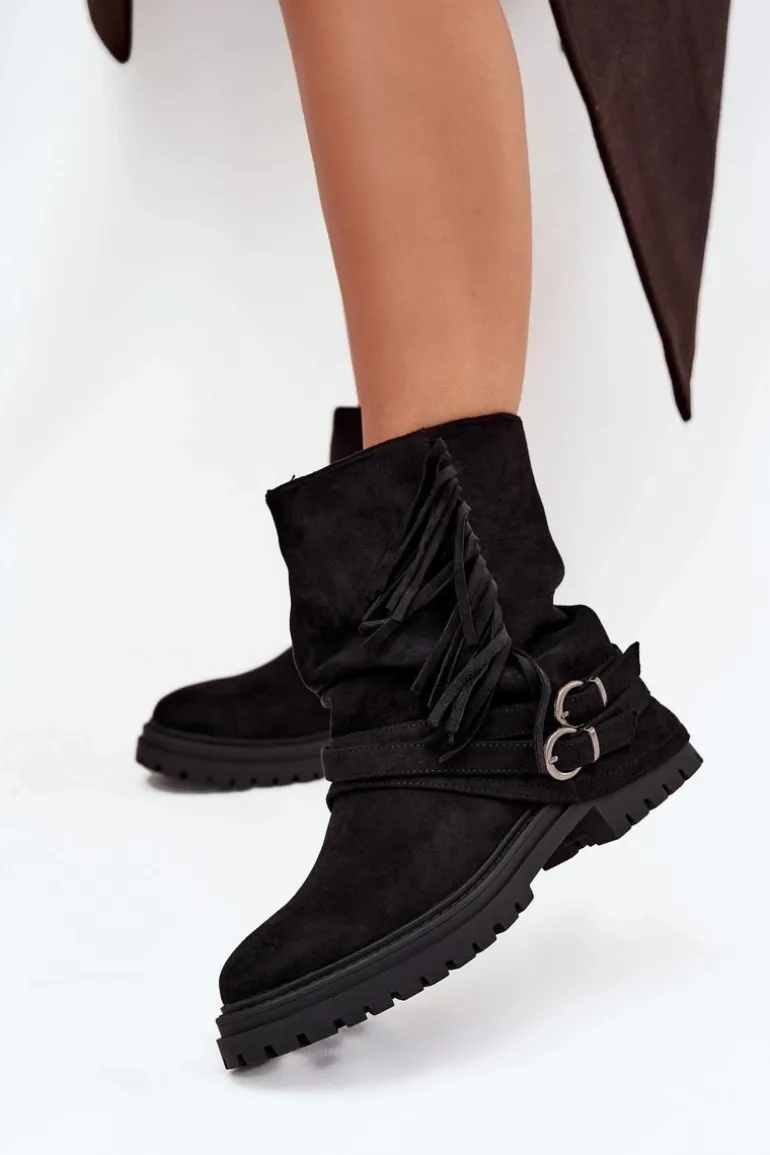 Ocieplane Botki Damskie Z Frędzlami I Klarami Na Płaskim Obcasie Czarne Helianne