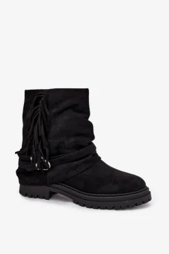 Ocieplane Botki Damskie Z Frędzlami I Klarami Na Płaskim Obcasie Czarne Helianne