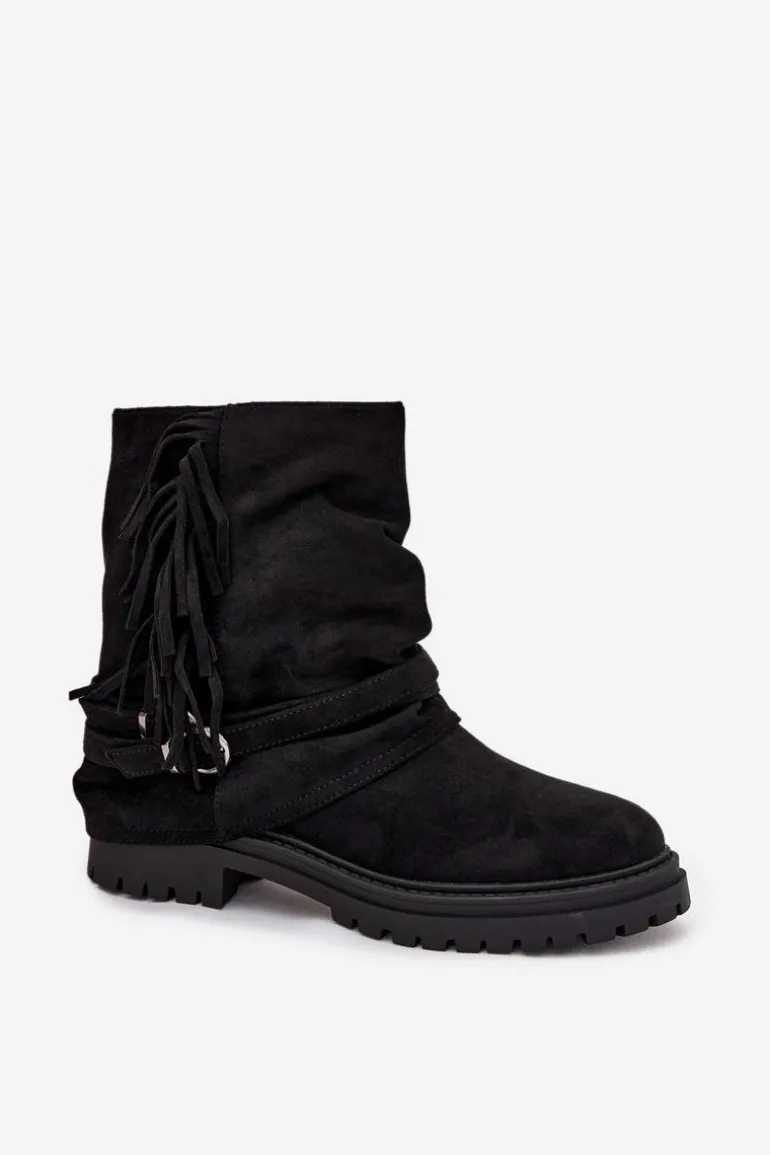 Ocieplane Botki Damskie Z Frędzlami I Klarami Na Płaskim Obcasie Czarne Helianne