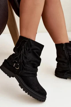 Ocieplane Botki Damskie Z Frędzlami I Klarami Na Płaskim Obcasie Czarne Helianne