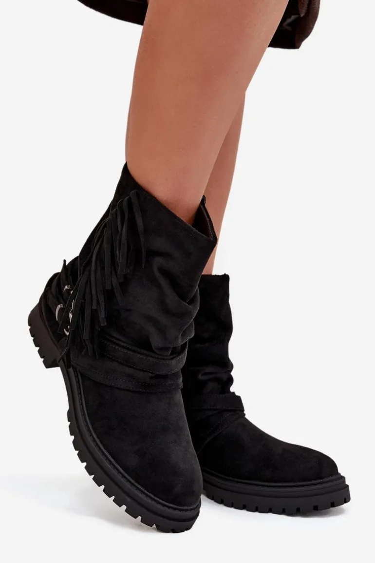 Ocieplane Botki Damskie Z Frędzlami I Klarami Na Płaskim Obcasie Czarne Helianne