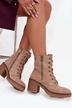 Ocieplane Botki Damskie Ze Sznurowaniem I Suwakami Beżowe Paressa