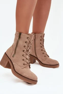 Ocieplane Botki Damskie Ze Sznurowaniem I Suwakami Beżowe Paressa